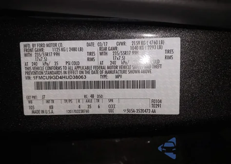2017 Ford Escape Se from USA, damaged, VIN 1FMCU9GD4HUD38063